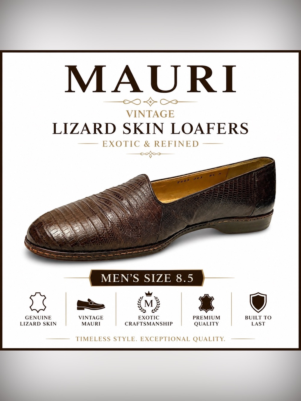 Mauri Vintage Brown Lizard Skin Loafers Men’s Size 8.5 Exotic Slip-On Shoes